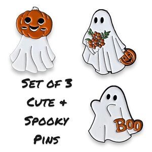 New Cute Halloween Ghost Pin Set of 3 Trick or Treat Costume Brooch Pumpkin Boo